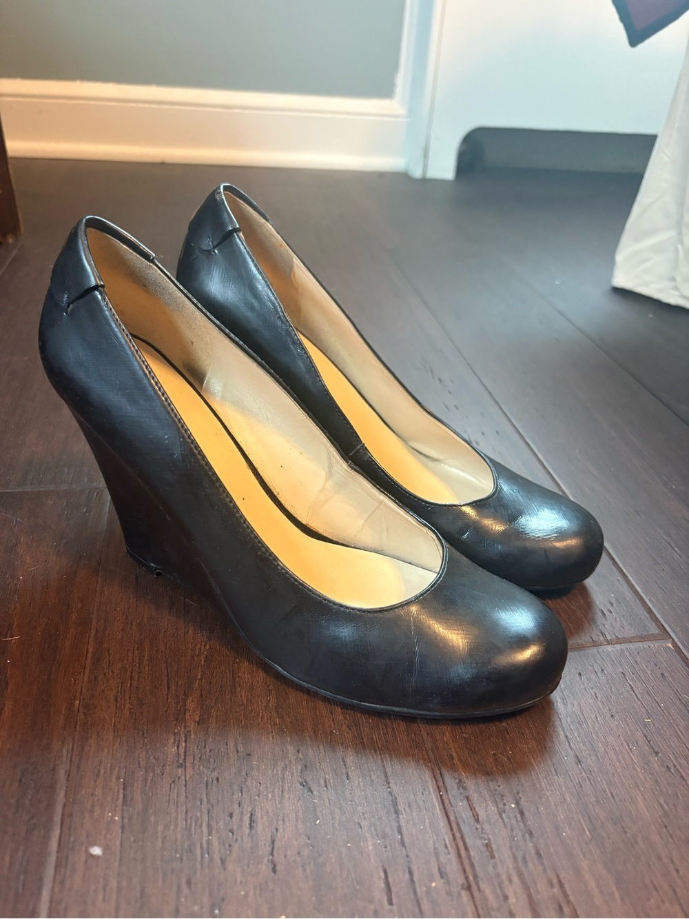 Nine West Navy Leather Wedge Pumps